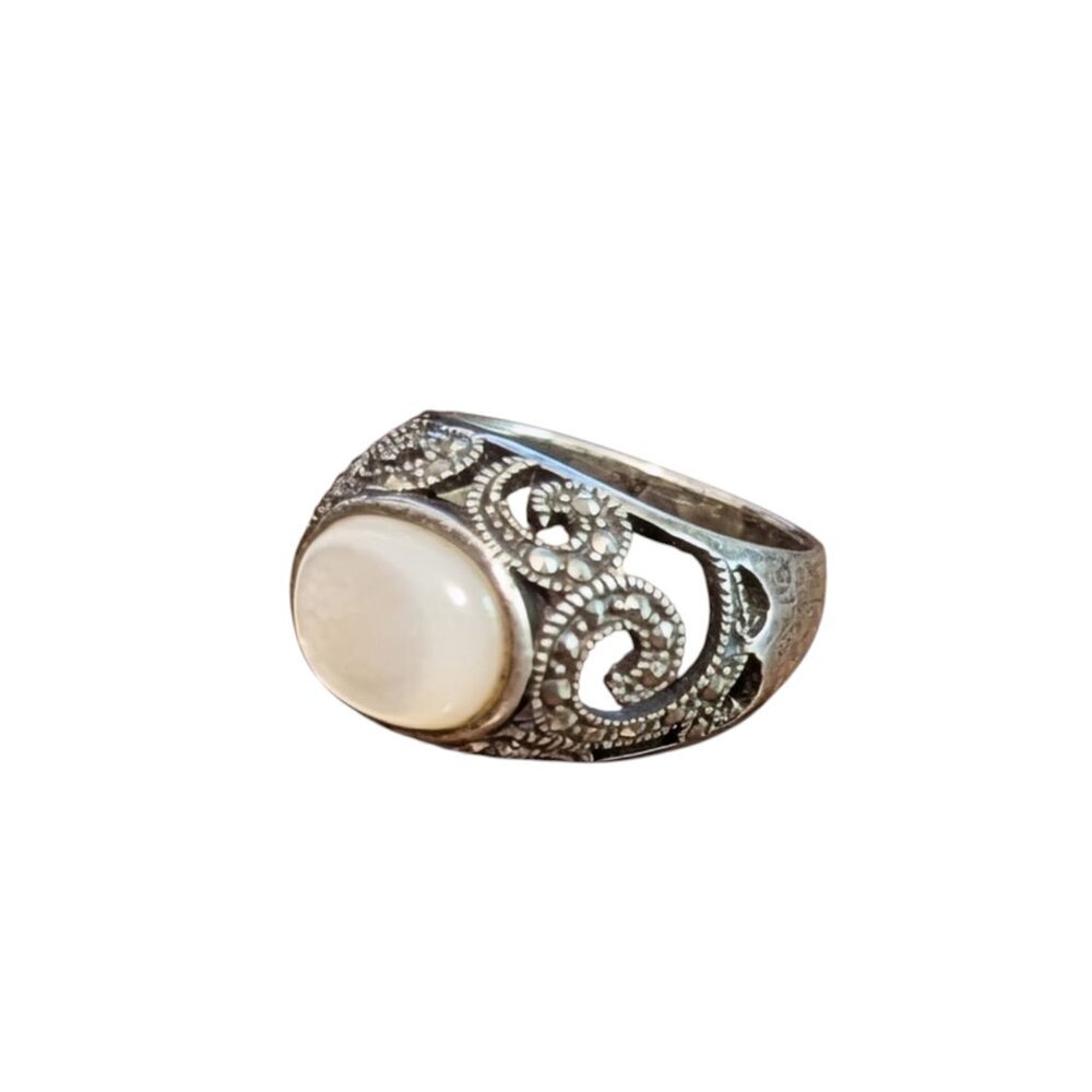 Moonstone Sterling Silver Marcasite‎ Ring LOTR Filigree Boho Fairycore Victorian